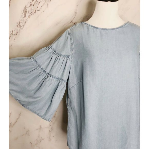 J. Jill Chambray Blue Tiered Bell Sleeve Blouse - Picture 2 of 6